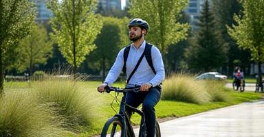 A professional riding an electric commuter bike through an urban park during their morning commute