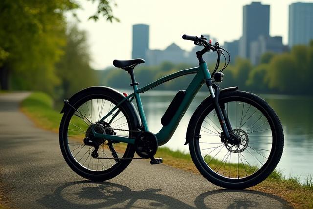 Electric hybrid bike parked by a scenic riverside path in Portland